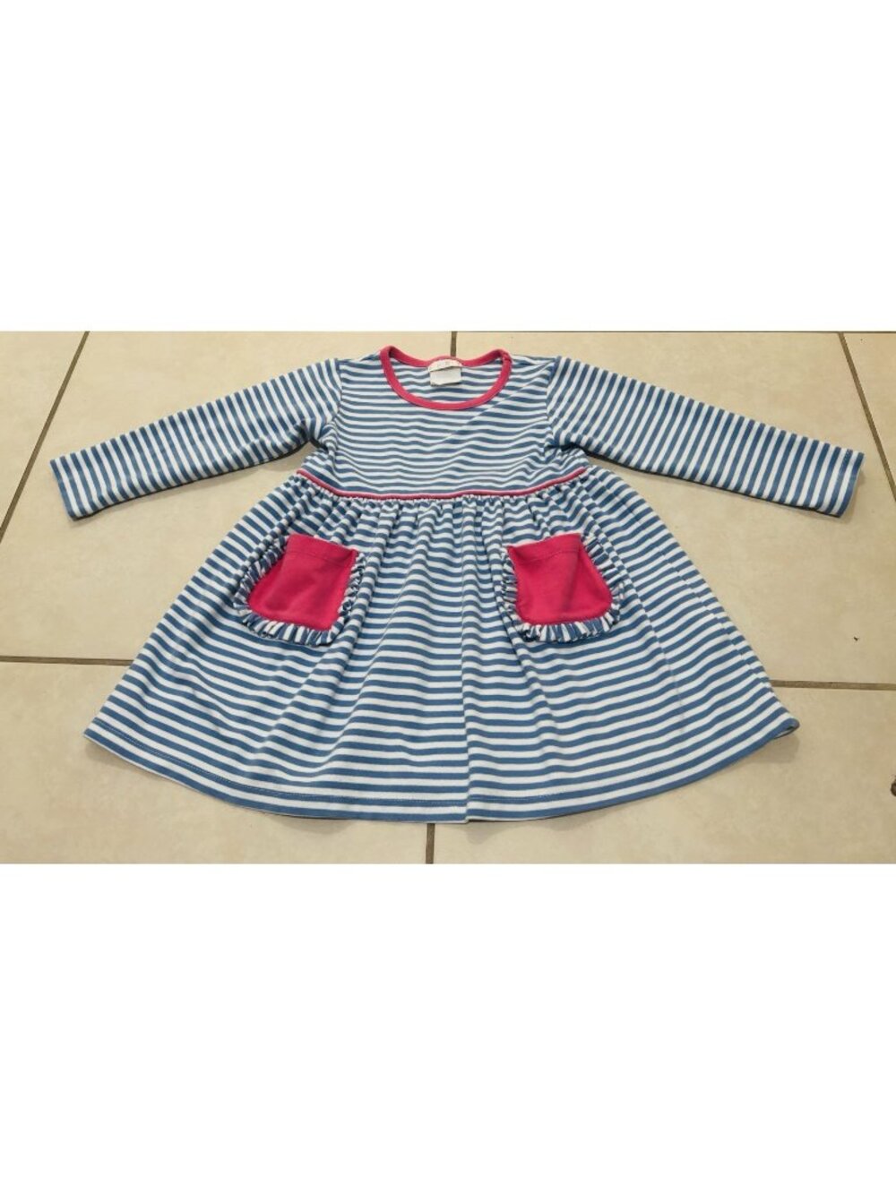 Stellybelly Girl's Long Sleeved Blue/White Striped Dress Pockets Size 4T
